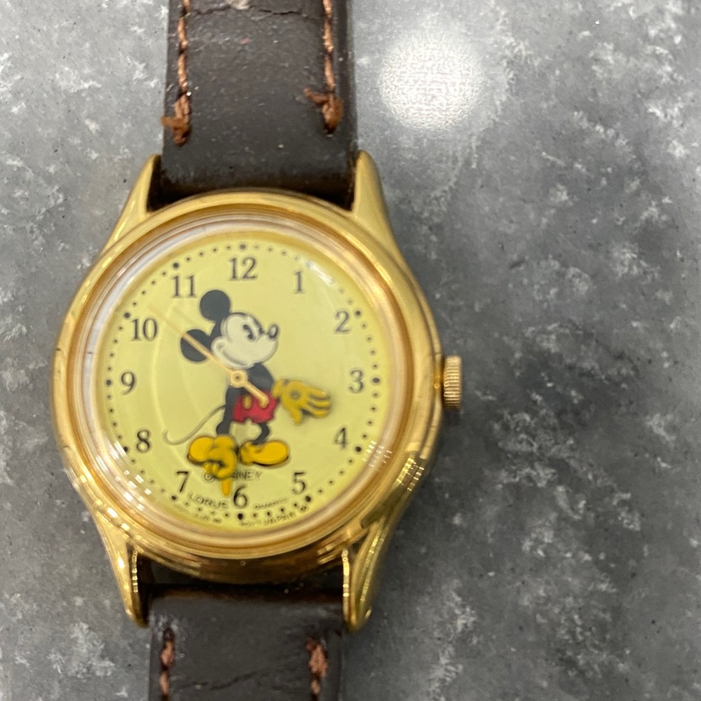 Disney Gold Mickey Mouse Watch with Brown Strap. Vintage.